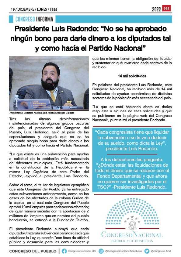 No se ha aprobado ningún bono para darle dinero a los diputados tal y como hacía el Partido Nacional